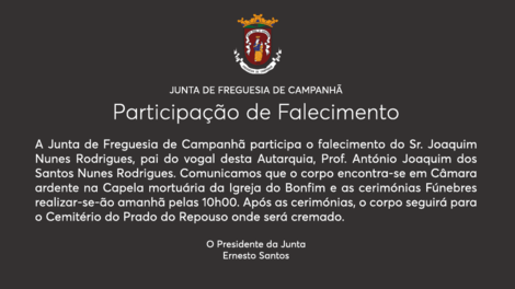 PARTICIPAÇÃO DE FALECIMENTO -  Prof. António Rodrigues