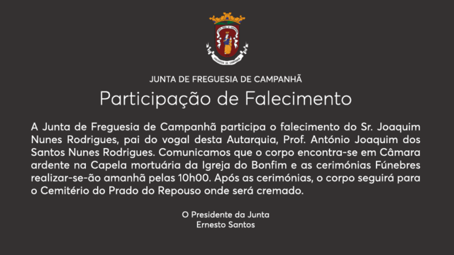 PARTICIPAÇÃO DE FALECIMENTO -  Prof. António Rodrigues