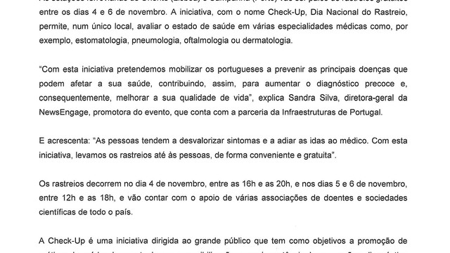 INFORMAÇÃO - RASTREIOS GRATUITOS DESTINADOS A TODA A POPULAÇÃO 