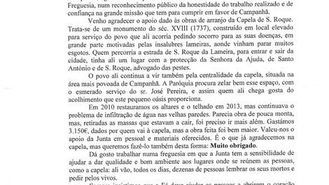 Agradecimento ao apoio dado às obras de arranjo da Capela de S. Roque