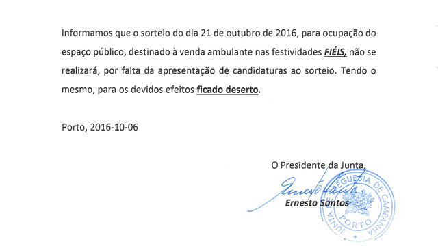 INFORMAÇÃO - venda ambulante nas festividades fiéis 
