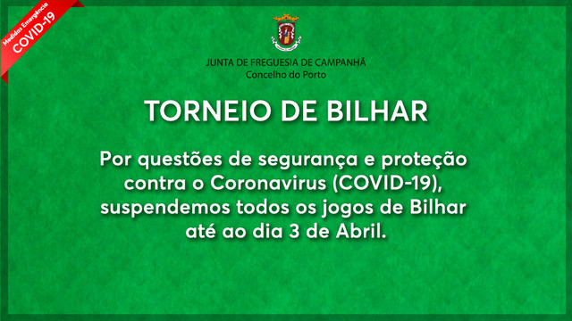 Campeonato de Bilhar Suspenso até 3 abril